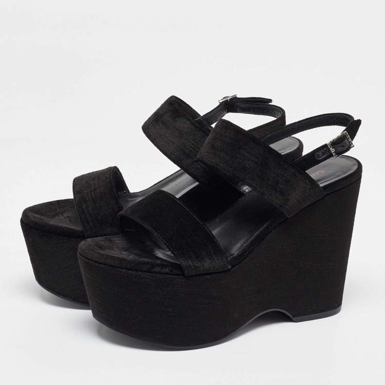 Pre Owned Saint Laurent Black Velvet Platform Wedge Sandals Size 38