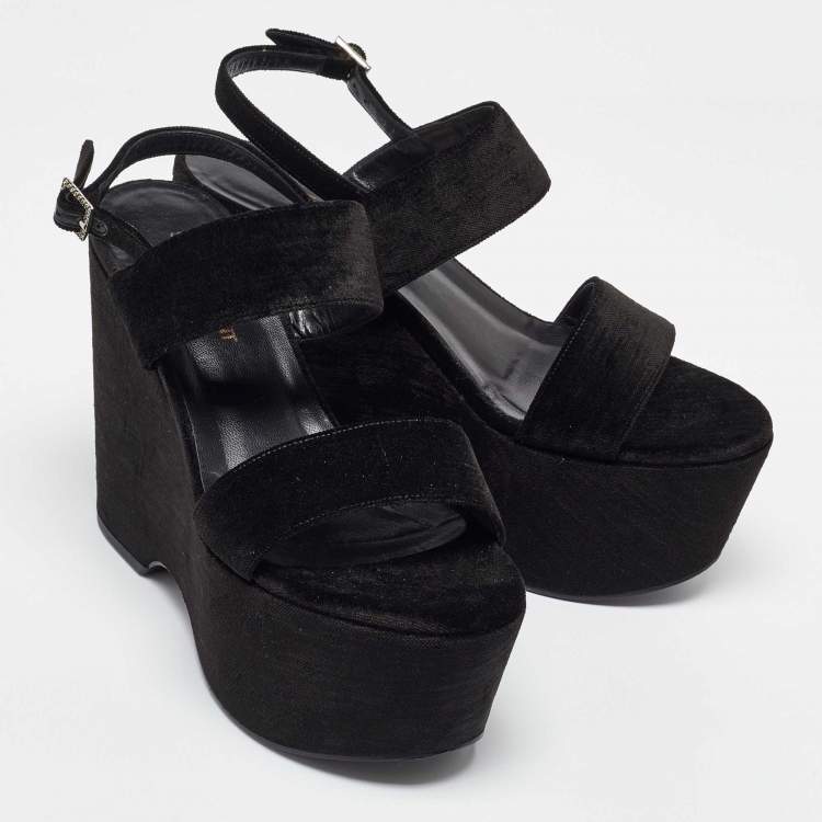 Pre Owned Saint Laurent Black Velvet Platform Wedge Sandals Size 38