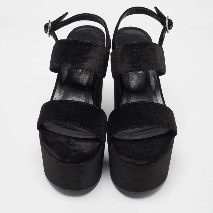 Pre Owned Saint Laurent Black Velvet Platform Wedge Sandals Size 38