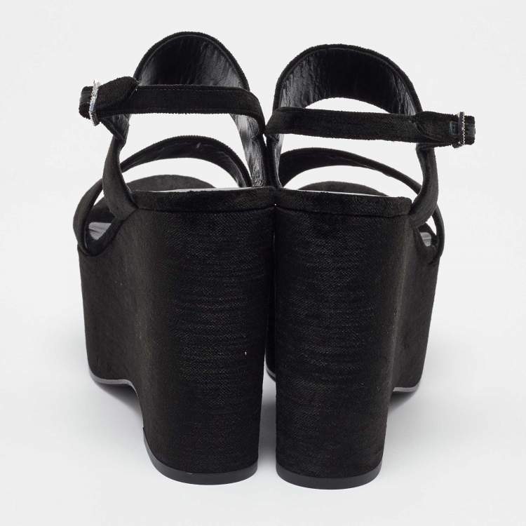 Pre Owned Saint Laurent Black Velvet Platform Wedge Sandals Size 38