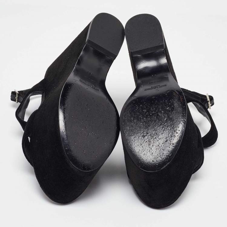 Pre Owned Saint Laurent Black Velvet Platform Wedge Sandals Size 38