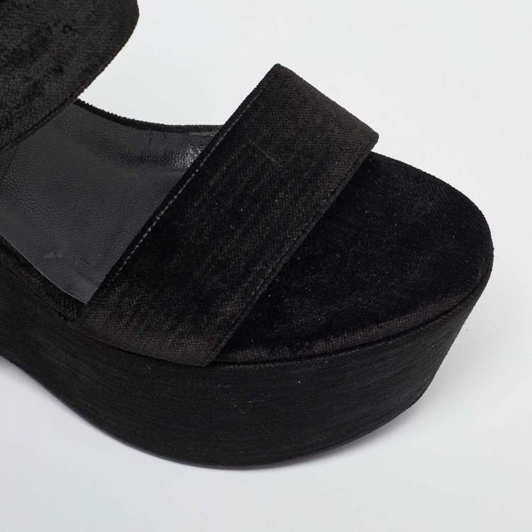 Pre Owned Saint Laurent Black Velvet Platform Wedge Sandals Size 38