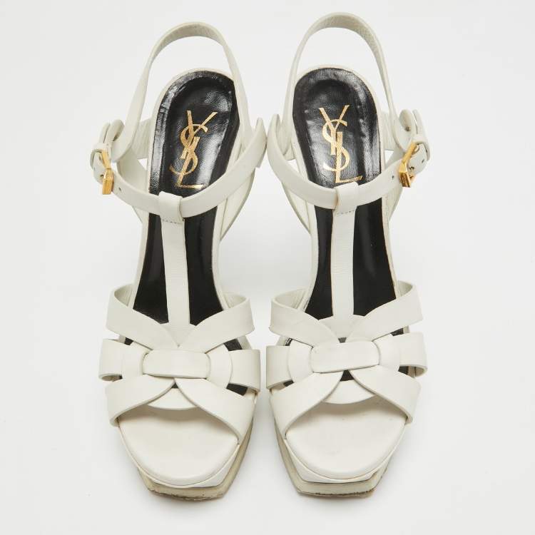 Pre Owned Saint Laurent White Leather Tribute Ankle Strap Sandals Size 38