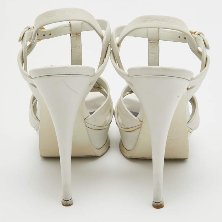 Pre Owned Saint Laurent White Leather Tribute Ankle Strap Sandals Size 38