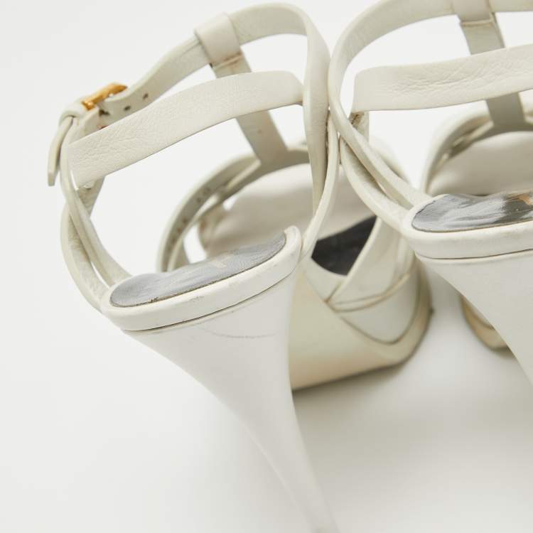 Pre Owned Saint Laurent White Leather Tribute Ankle Strap Sandals Size 38