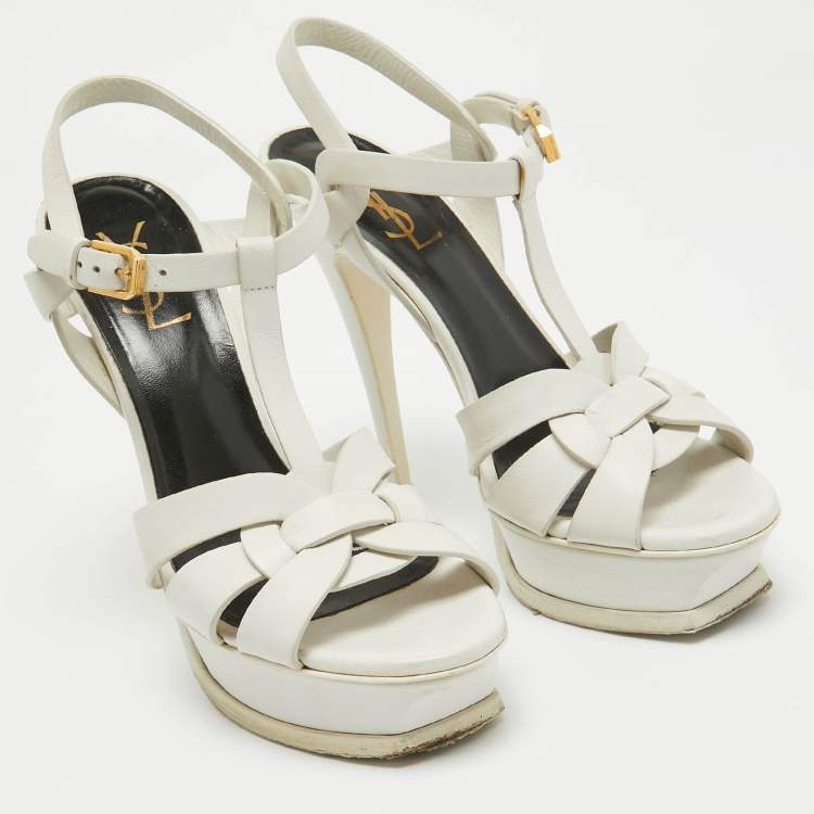 Pre Owned Saint Laurent White Leather Tribute Ankle Strap Sandals Size 38