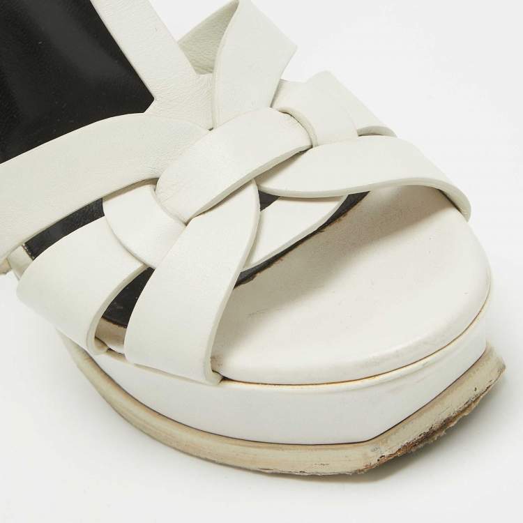 Pre Owned Saint Laurent White Leather Tribute Ankle Strap Sandals Size 38