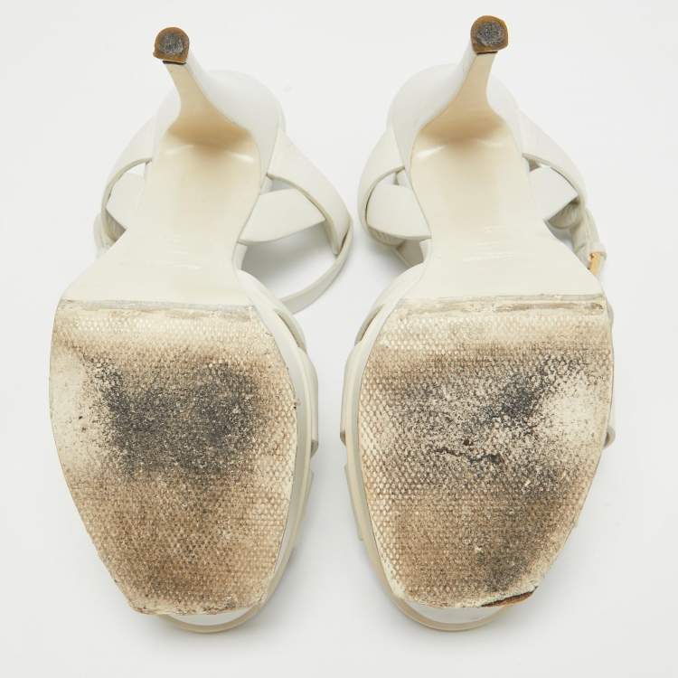 Pre Owned Saint Laurent White Leather Tribute Ankle Strap Sandals Size 38