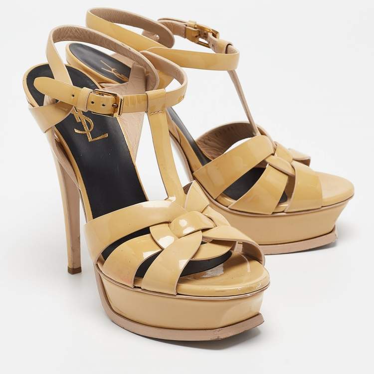 مملوكة مسبقًا Saint Laurent Beige Patent Tribute Ankle Strap Sandals Size 37