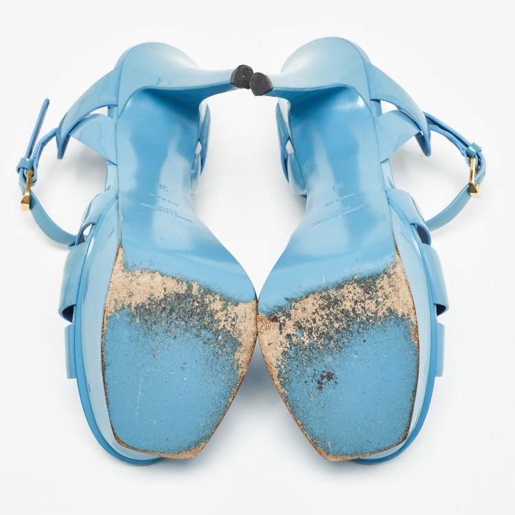 Pre Owned Saint Laurent Blue Patent Leather Tribute Sandals Size 38
