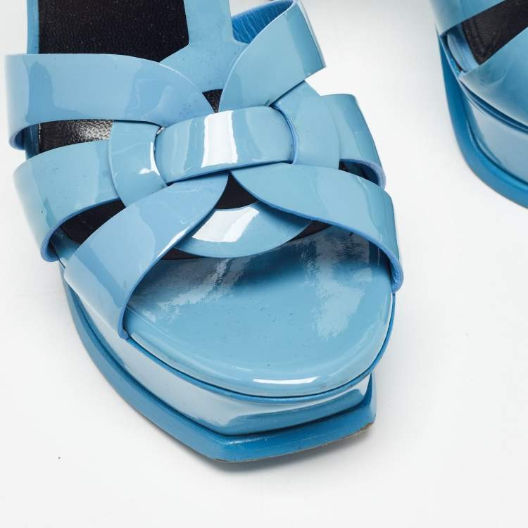Pre Owned Saint Laurent Blue Patent Leather Tribute Sandals Size 38