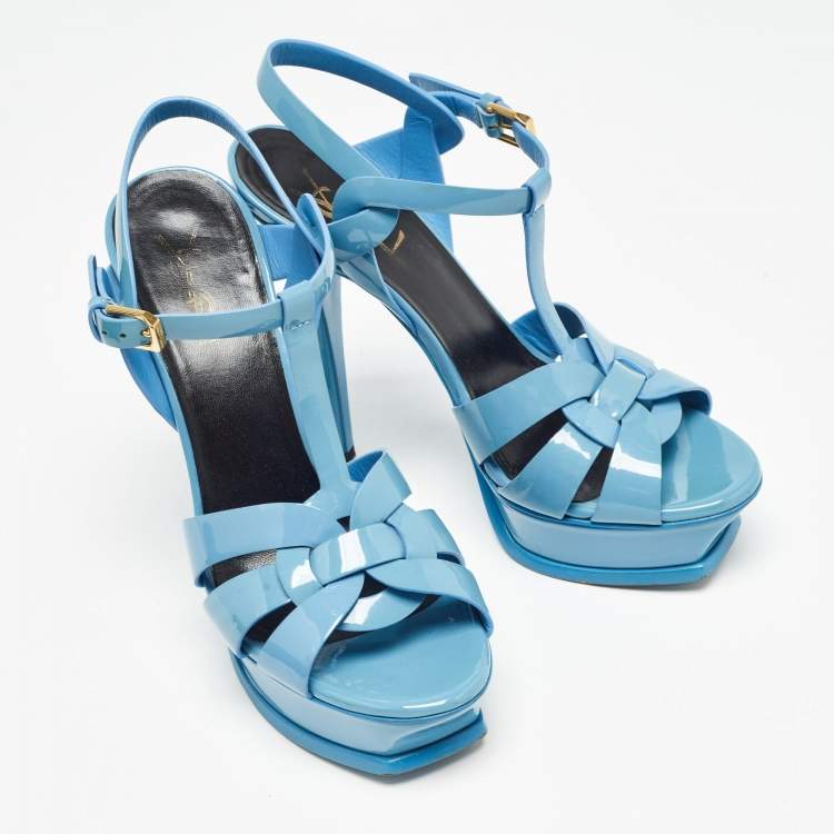 Pre Owned Saint Laurent Blue Patent Leather Tribute Sandals Size 38
