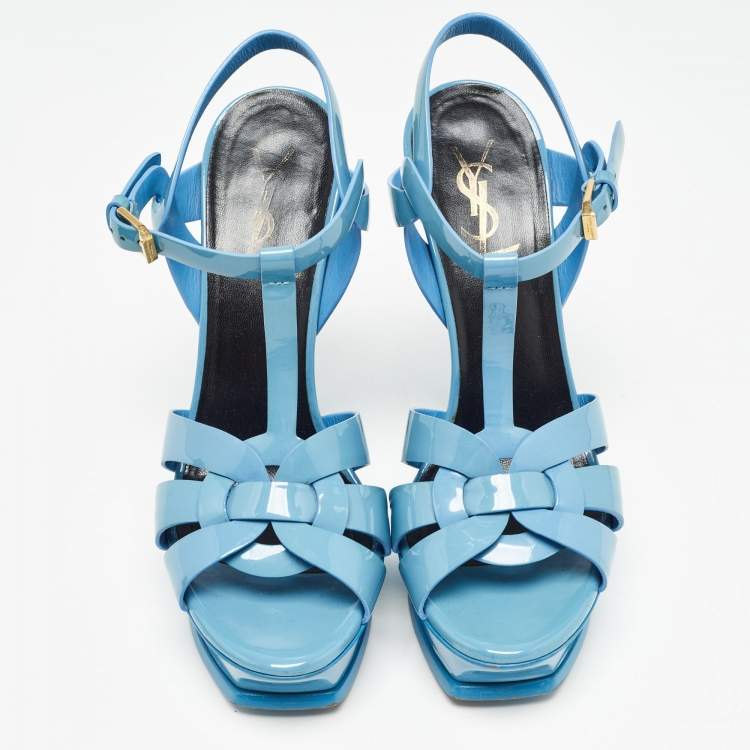 Pre Owned Saint Laurent Blue Patent Leather Tribute Sandals Size 38