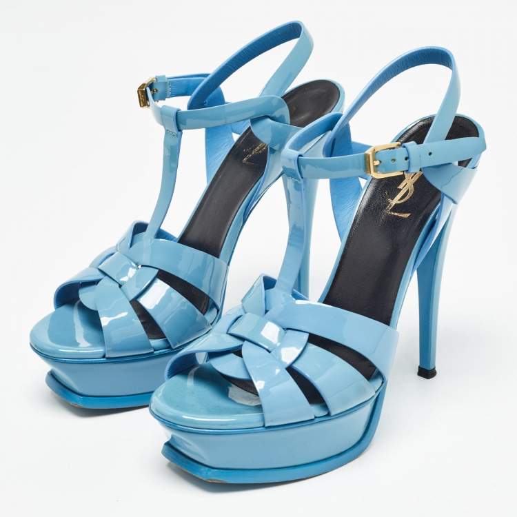 Pre Owned Saint Laurent Blue Patent Leather Tribute Sandals Size 38