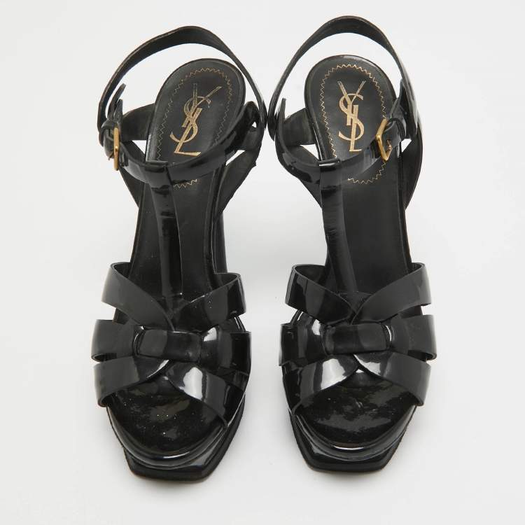 Pre Owned Saint Laurent Black Patent Tribute Ankle Strap Sandals Size 37