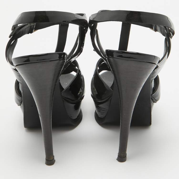 Pre Owned Saint Laurent Black Patent Tribute Ankle Strap Sandals Size 37
