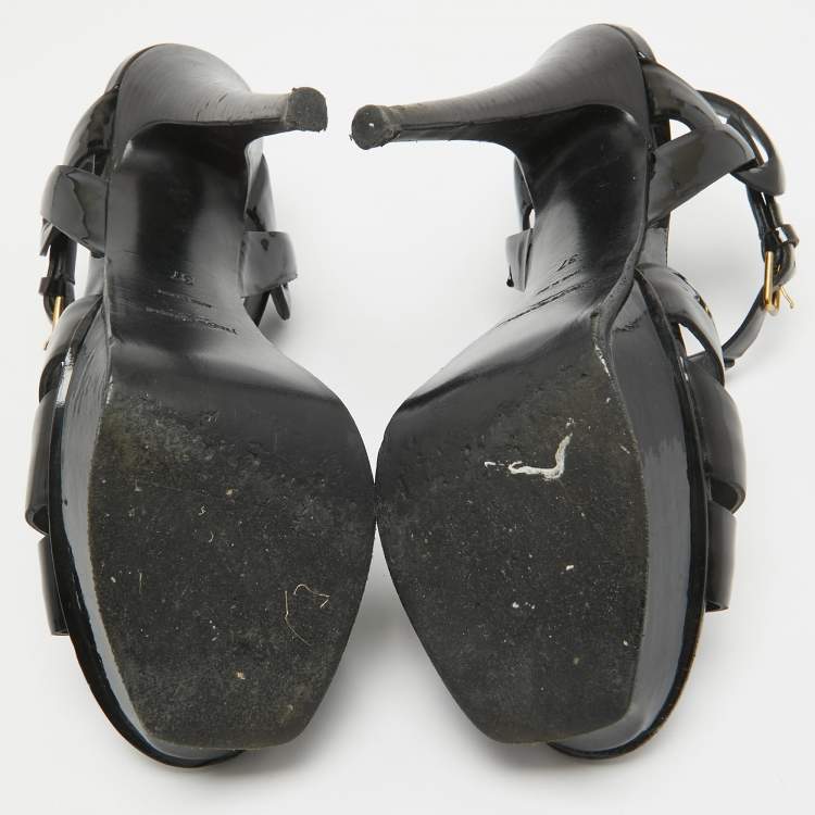 Pre Owned Saint Laurent Black Patent Tribute Ankle Strap Sandals Size 37