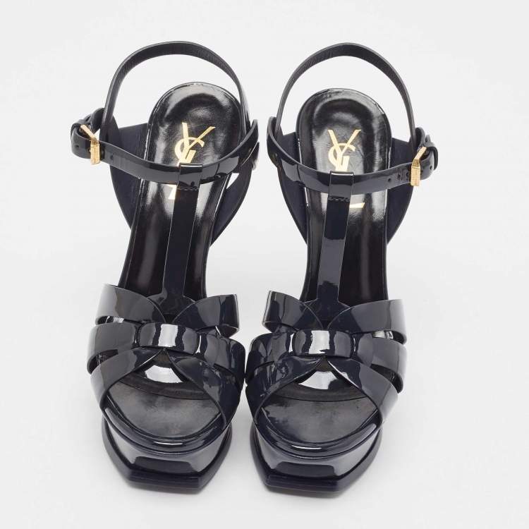 Pre Owned Saint Laurent Navy Blue Patent Leather Tribute Sandals Size 36