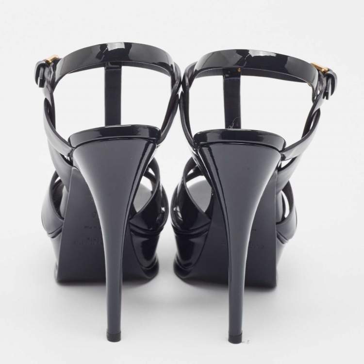 Pre Owned Saint Laurent Navy Blue Patent Leather Tribute Sandals Size 36