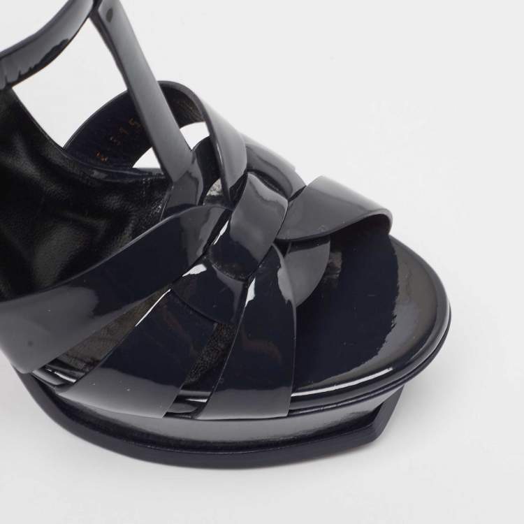 Pre Owned Saint Laurent Navy Blue Patent Leather Tribute Sandals Size 36