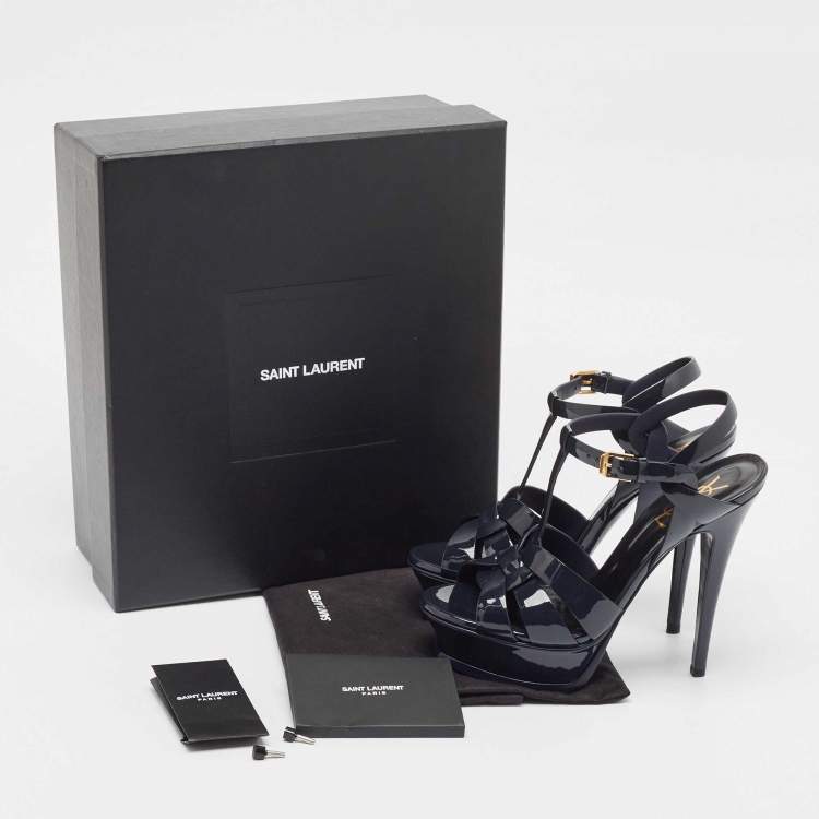 Pre Owned Saint Laurent Navy Blue Patent Leather Tribute Sandals Size 36