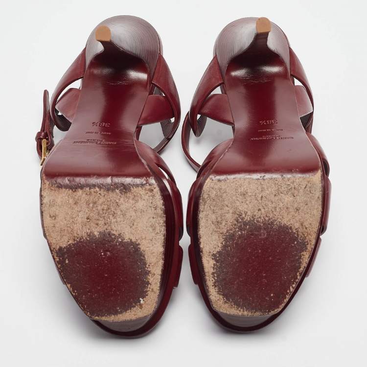 Pre Owned Saint Laurent Burgundy Leather Tribute Ankle Strap Sandals Size 38.5