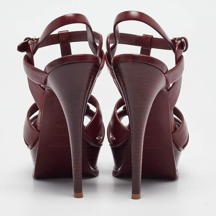 Pre Owned Saint Laurent Burgundy Leather Tribute Ankle Strap Sandals Size 38.5