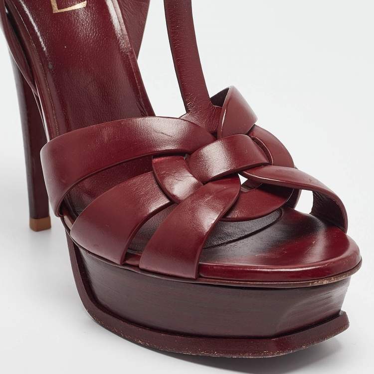 Pre Owned Saint Laurent Burgundy Leather Tribute Ankle Strap Sandals Size 38.5