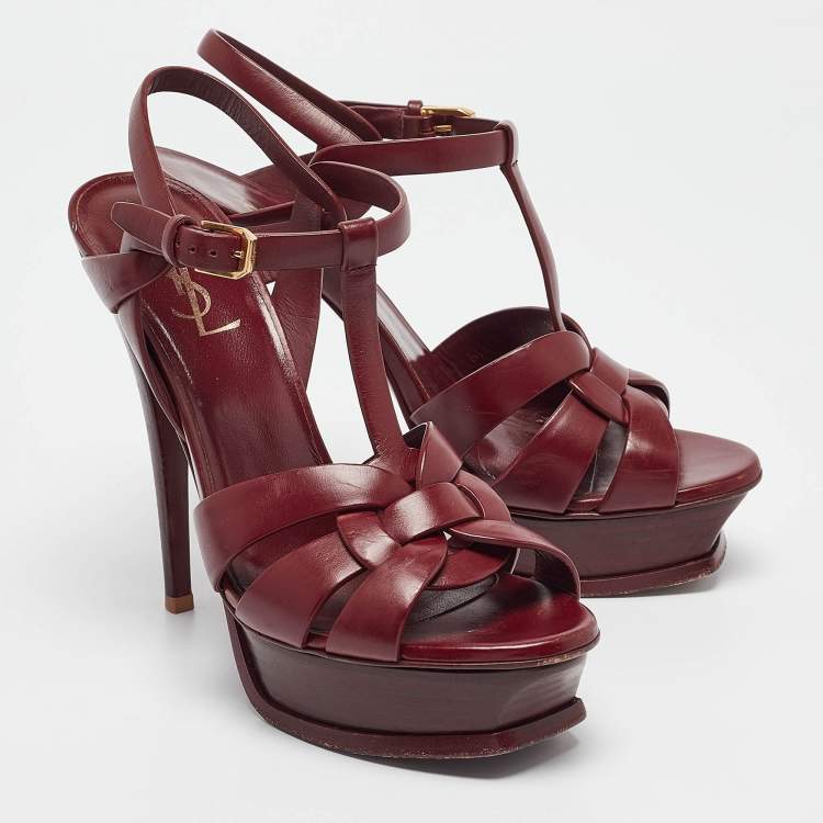 Pre Owned Saint Laurent Burgundy Leather Tribute Ankle Strap Sandals Size 38.5