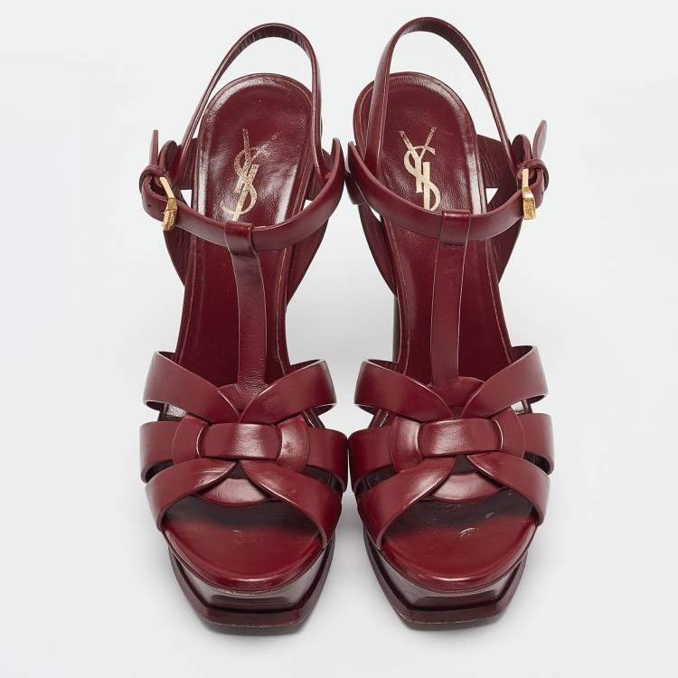 Pre Owned Saint Laurent Burgundy Leather Tribute Ankle Strap Sandals Size 38.5