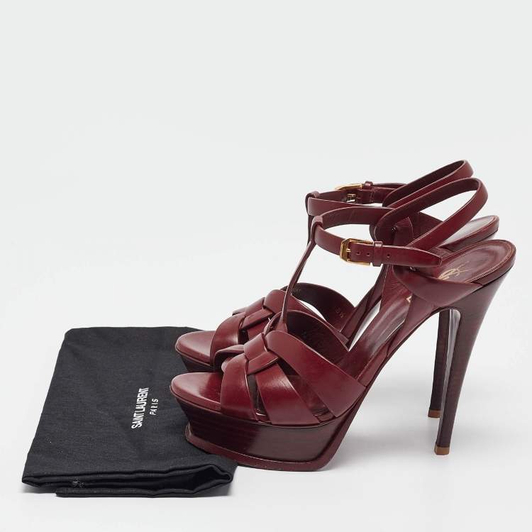 Pre Owned Saint Laurent Burgundy Leather Tribute Ankle Strap Sandals Size 38.5