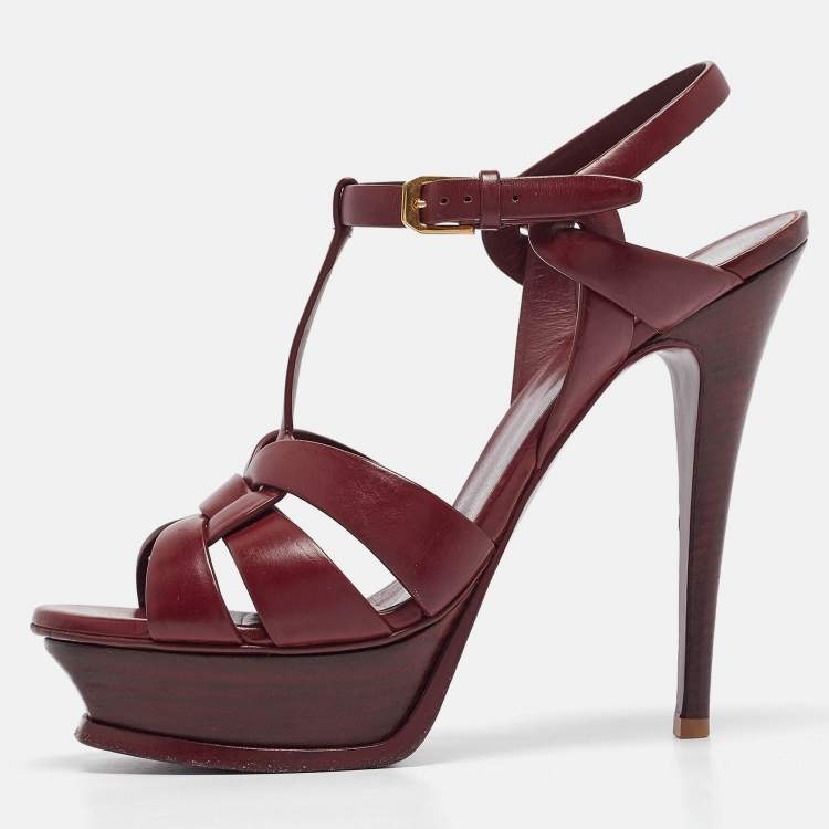 Pre Owned Saint Laurent Burgundy Leather Tribute Ankle Strap Sandals Size 38.5