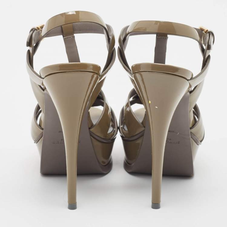 Pre Owned Saint Laurent Green Patent Tribute Platform Sandals Size 37