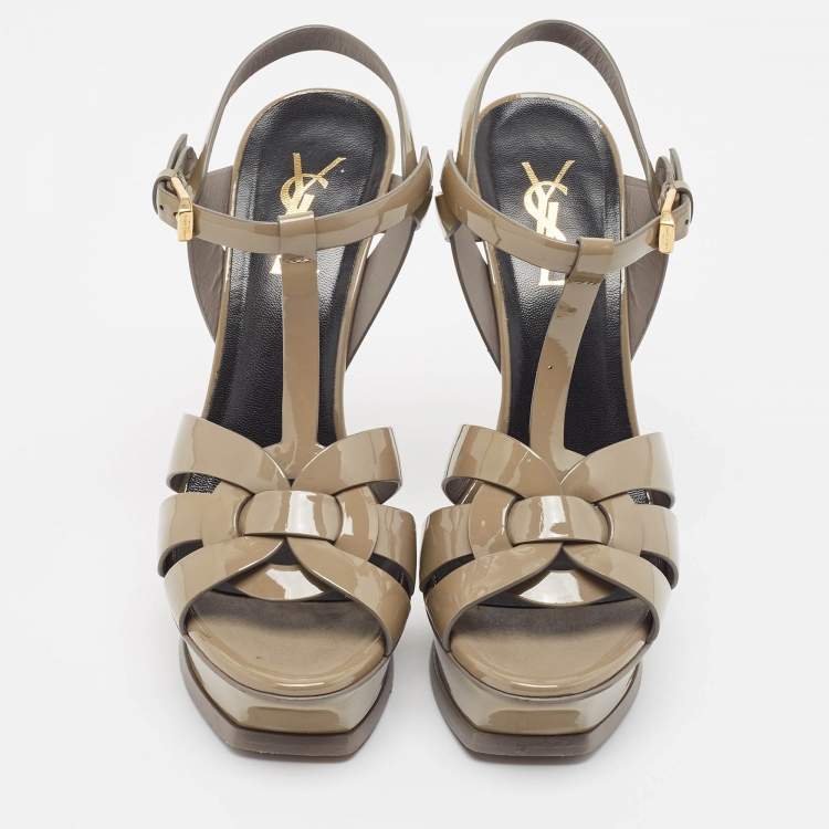 Pre Owned Saint Laurent Green Patent Tribute Platform Sandals Size 37