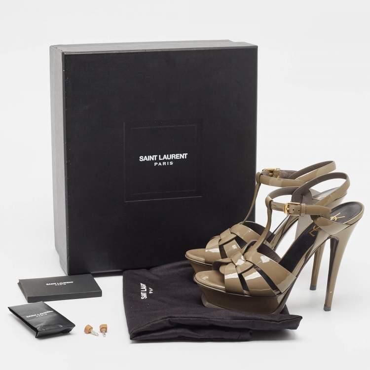Pre Owned Saint Laurent Green Patent Tribute Platform Sandals Size 37