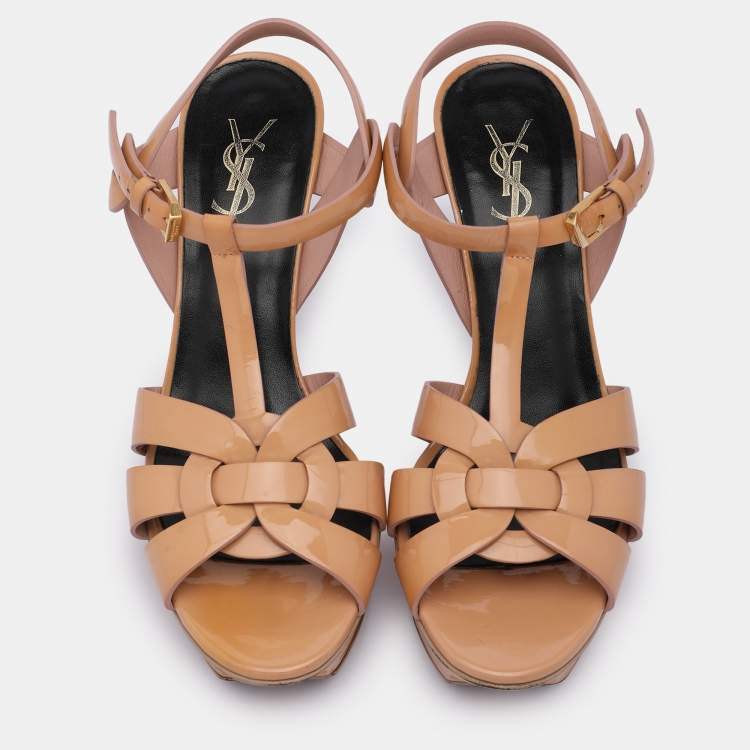 Pre Owned Saint Laurent Beige Patent Leather Tribute Platform Sandals Size 38