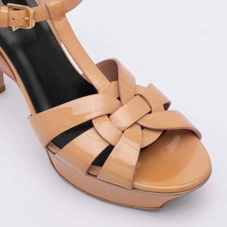 Pre Owned Saint Laurent Beige Patent Leather Tribute Platform Sandals Size 38