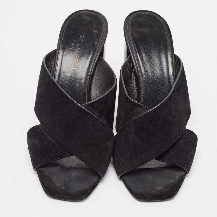 Pre Owned Saint Laurent Black Suede Loulou Slide Sandals Size 37.5