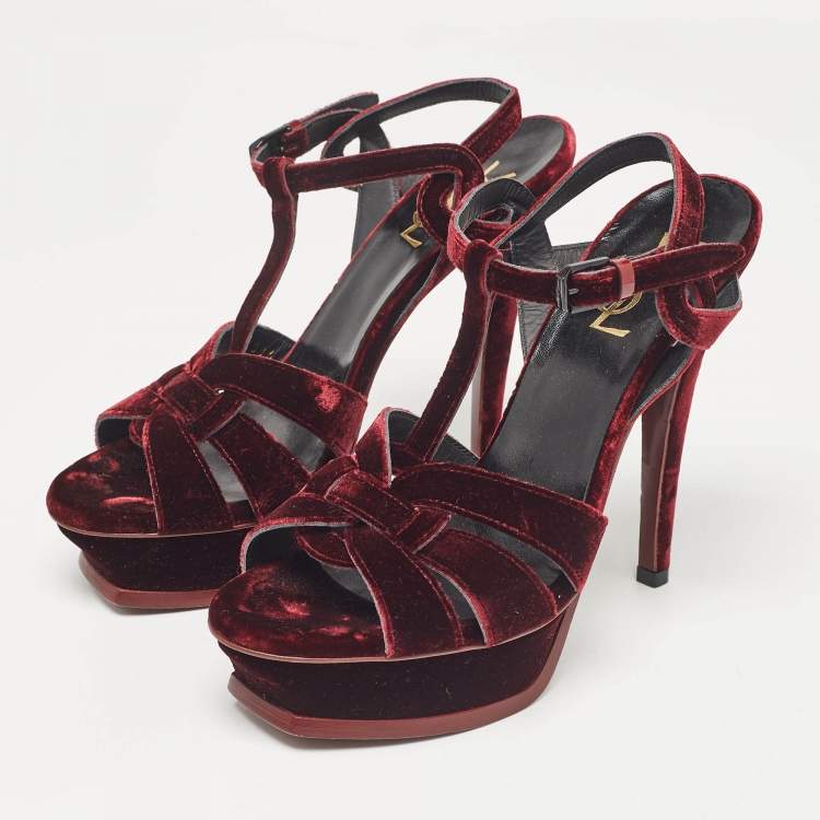 Pre Owned Saint Laurent Burgundy Velvet Tribute Platform Sandals Size 38.5