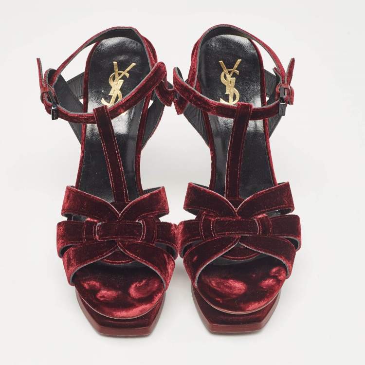 Pre Owned Saint Laurent Burgundy Velvet Tribute Platform Sandals Size 38.5
