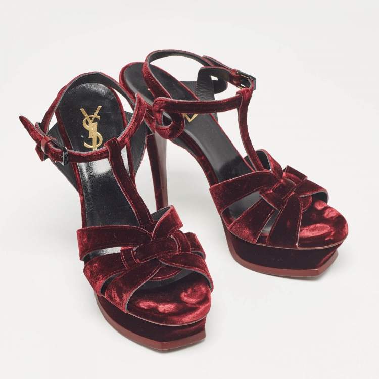 Pre Owned Saint Laurent Burgundy Velvet Tribute Platform Sandals Size 38.5