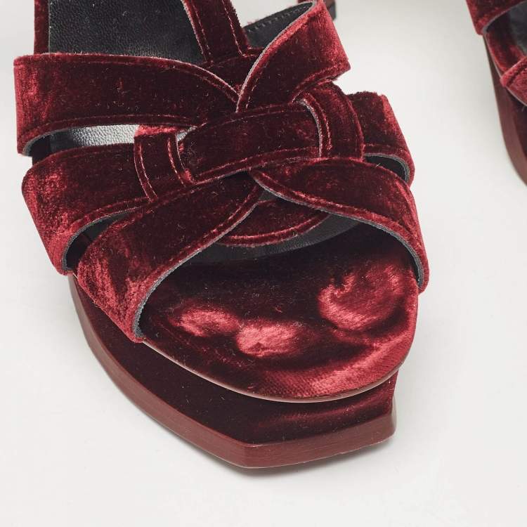 Pre Owned Saint Laurent Burgundy Velvet Tribute Platform Sandals Size 38.5