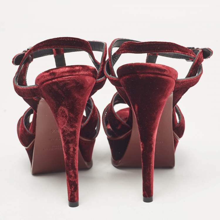 Pre Owned Saint Laurent Burgundy Velvet Tribute Platform Sandals Size 38.5
