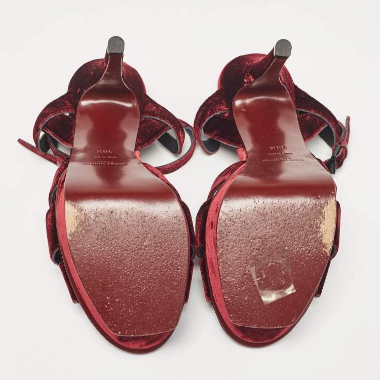 Pre Owned Saint Laurent Burgundy Velvet Tribute Platform Sandals Size 38.5