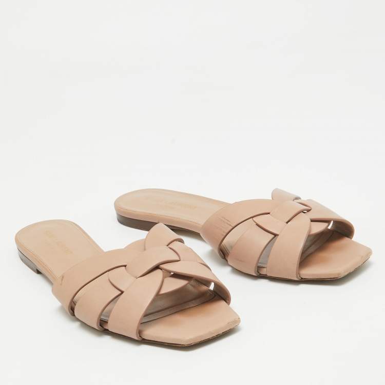Pre Owned Saint Laurent Pink Leather Tribute Flat Slides Size 38