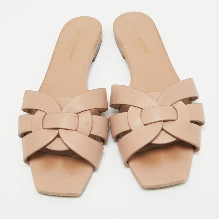 Pre Owned Saint Laurent Pink Leather Tribute Flat Slides Size 38