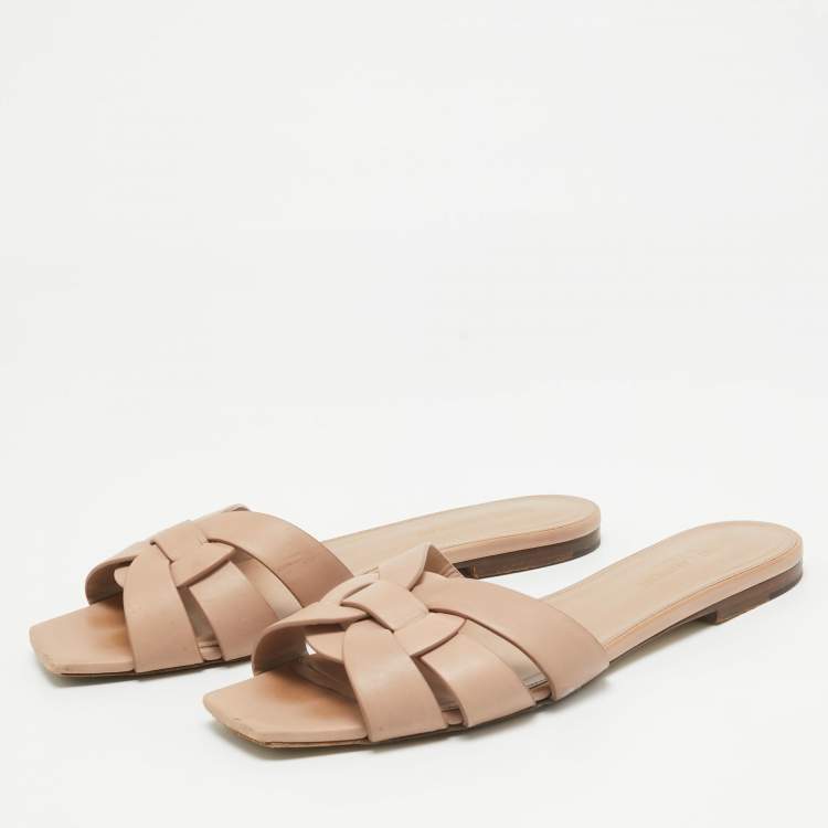 Pre Owned Saint Laurent Pink Leather Tribute Flat Slides Size 38