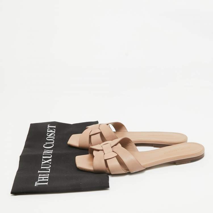 Pre Owned Saint Laurent Pink Leather Tribute Flat Slides Size 38
