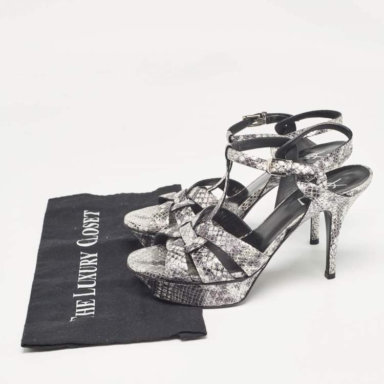 Pre Owned Saint Laurent Two Tone Embossed Python Tribute Sandals Size 38.5