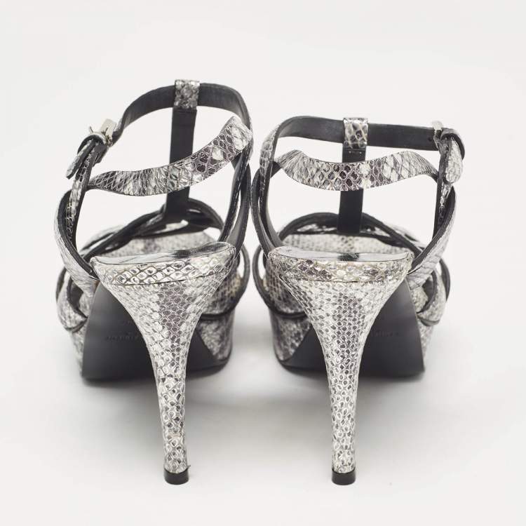 Pre Owned Saint Laurent Two Tone Embossed Python Tribute Sandals Size 38.5
